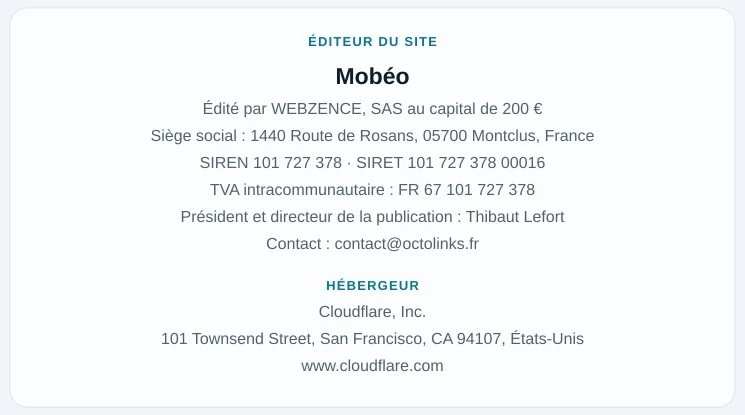 Coordonnées légales de l&rsquo;éditeur et de l&rsquo;hébergeur du site