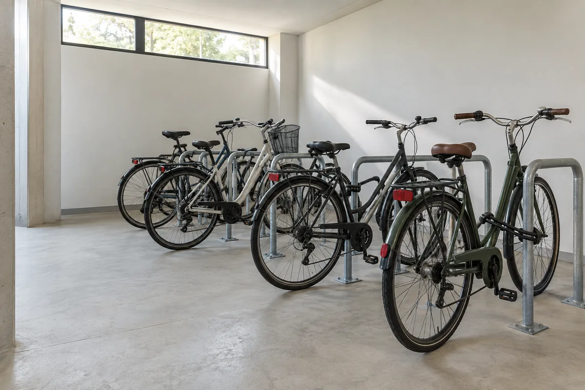 Local à vélos d’immeuble avec des vélos alignés et attachés à des arceaux