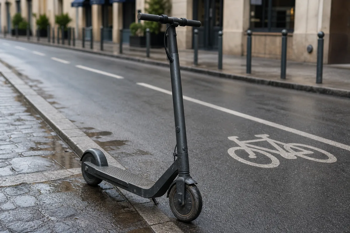 Trottinette électrique à la roue griffée, garée au bord d’une piste cyclable