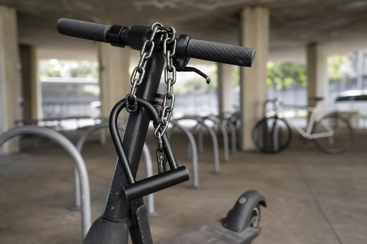 Antivol robuste fixé au guidon d’une trottinette électrique garée