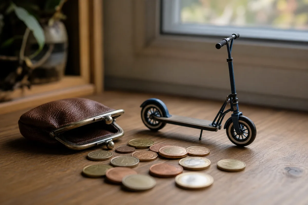 Pièces et porte-monnaie en cuir près d’une mini trottinette électrique
