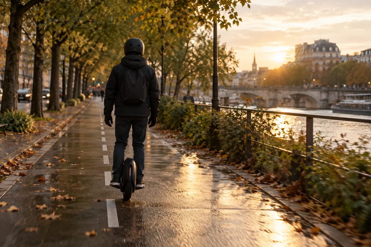 Pilote de gyroroue vu de dos sur une piste cyclable bordée d’arbres
