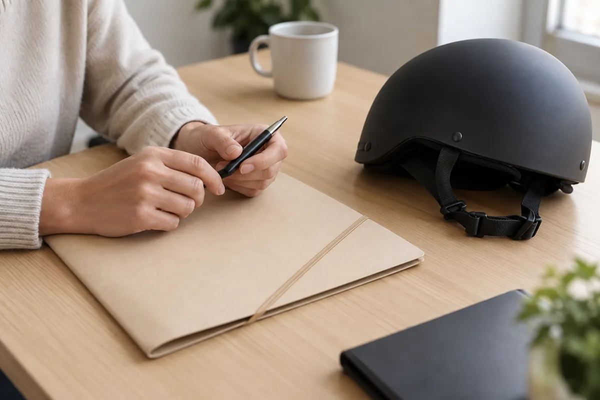 Mains tenant un stylo au-dessus d’une chemise cartonnée fermée sur un bureau