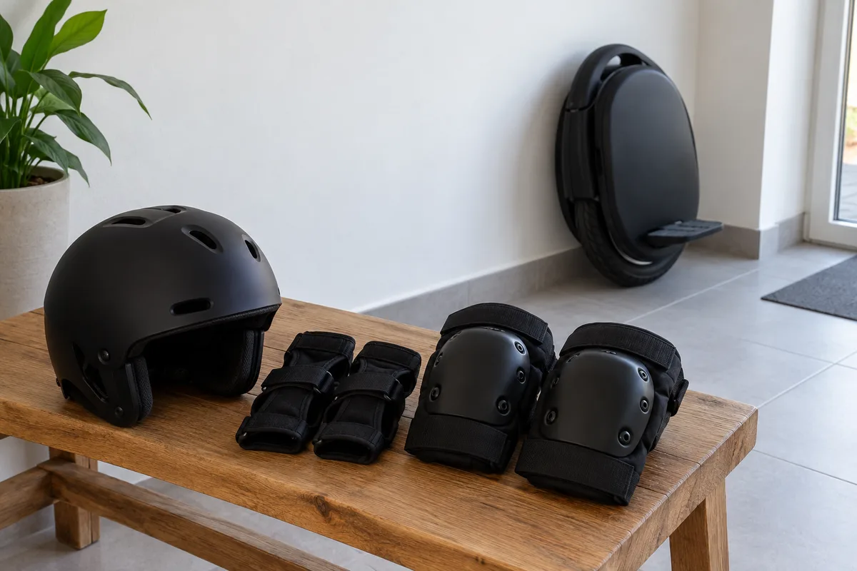 Casque, protège-poignets et genouillères posés sur un banc en bois