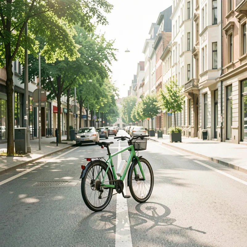Cycliste sur un vélo à assistance électrique en ville, piste cyclable bordée d'arbres et trafic apaisé